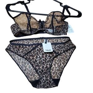 Aubade Paris Nudessence Sheer Leopard Print 32C Half Cup & Briefs Size XS NWT